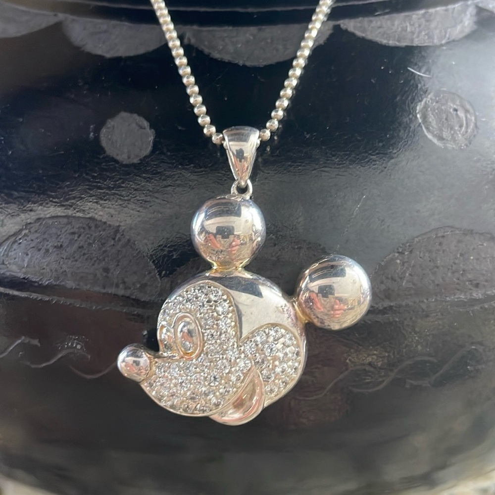 Disney Mickey Mouse Sterling Silver Pendant on Beaded Chain